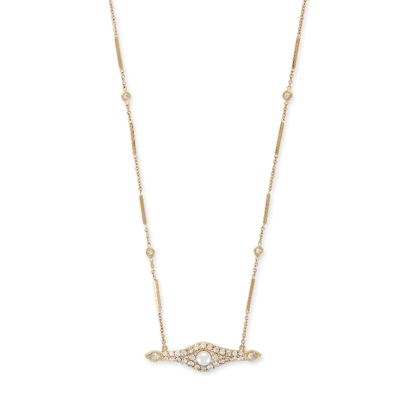 women's bar necklace -PEARL CENTER PAVE TEARDROP DIAMOND SIDES NECKLACE