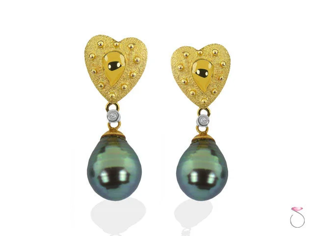 women's personalized earrings -Black Tahitian Pearl Diamond Gold Heart Drop Earrings in 18K