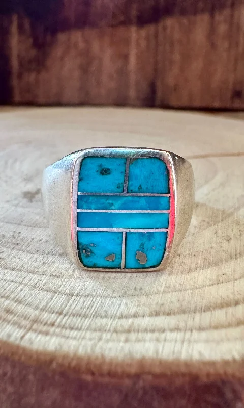 women's engagement ring with princess-cut halo -OPEN OCEAN Turquoise & Sterling Silver Native American Inlay Ring Mens • Size 11 & 12