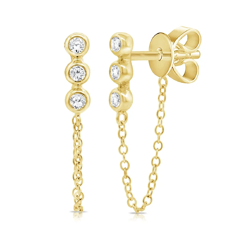 women's small hoop earrings -Bezel Set 3 Diamond Stud Earrings with chain detail in 14kt Gold