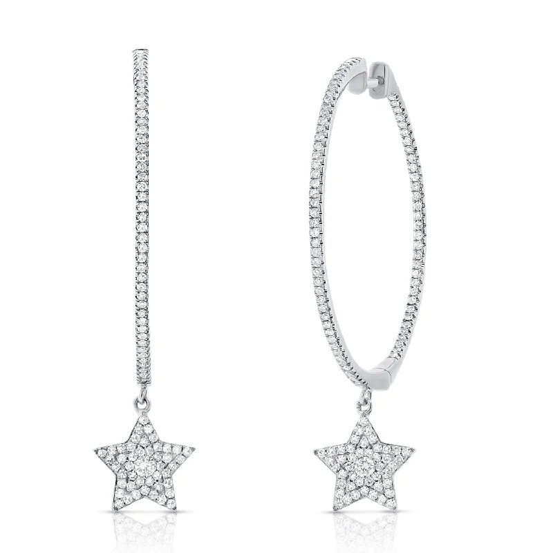 women's fashion earrings -Diamond Hoop Earrings with Celestial Star Dangle Drops set in 14kt Gold