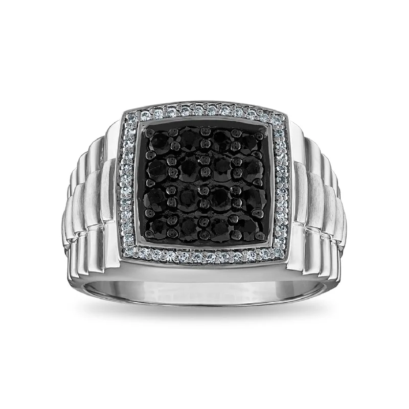 women's engagement ring with organic style -Black and White Sapphire Ring in Rhodium Plated Sterling Silver