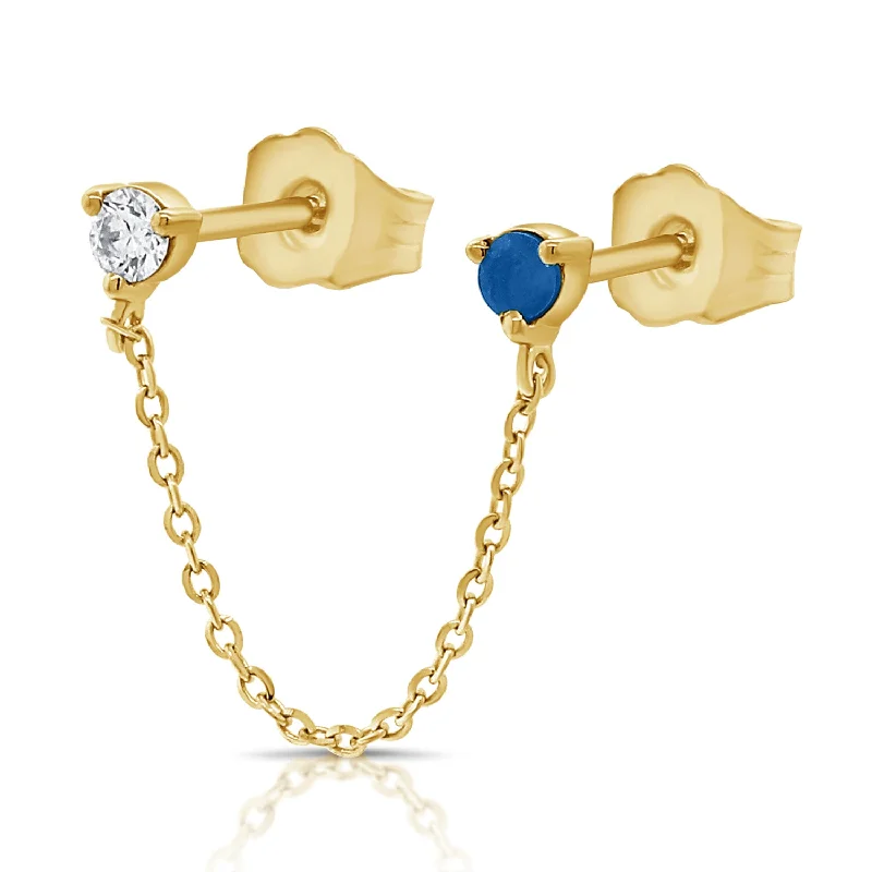 women's bar earrings -Diamond and Sapphire Single Chain Earring made in 14Kt Gold