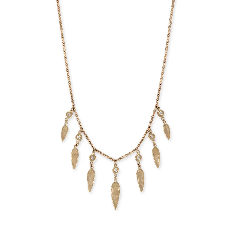 women's leather necklace -7 GRADUATED HAMMERED ELONGATED TEARDROP + DIAMOND SHAKERS NECKLACE