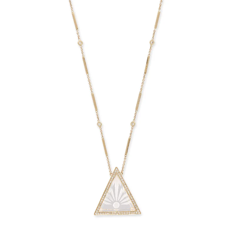 women's silver pendant necklace -LARGE PAVE CARVED SUNSHINE CLEAR QUARTZ TRIANGLE SMOOTH BAR NECKLACE