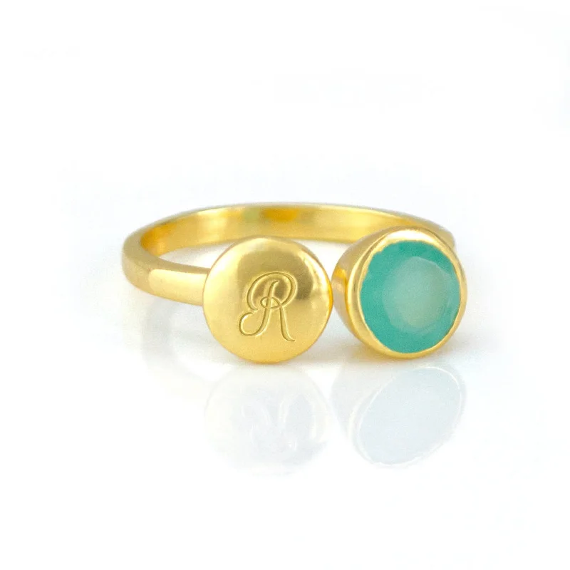 women's engagement ring with delicate band -Custom Initial Adjustable Aqua Chalcedony Ring, March Birthstone