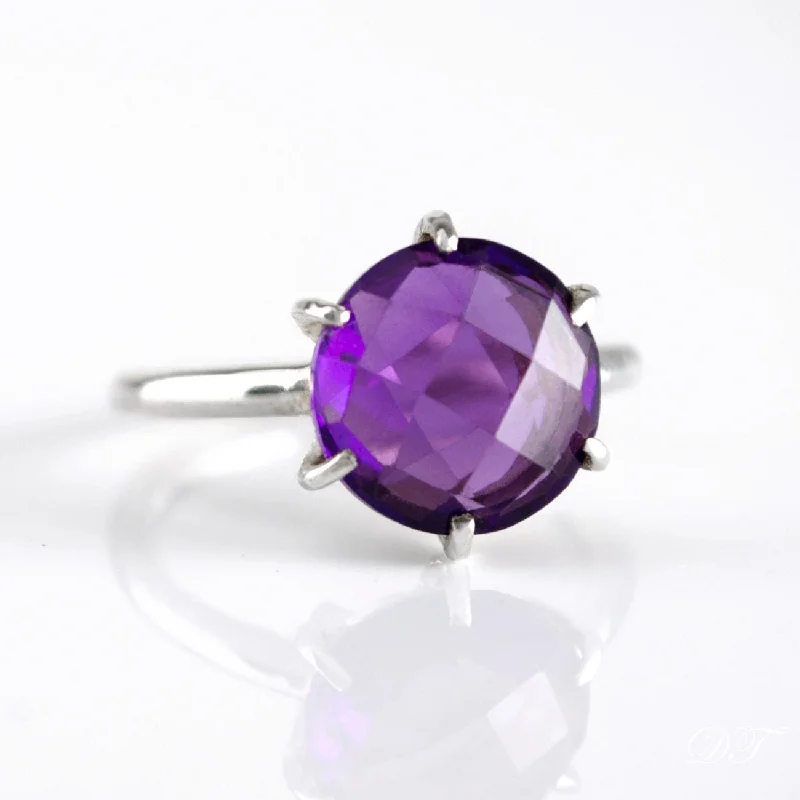 women's engagement ring with three-stone design -Purple Amethyst Round Prong Set Ring : February Birthstone