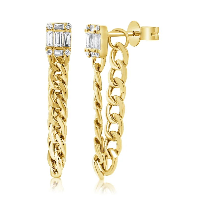 women's fashion earrings -Diamond Studs With Baguette Cuts and Chain Link Dangle Earring