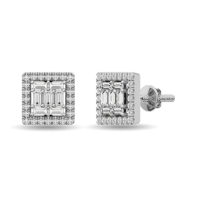 women's flower earrings -Diamond 1/3 Ct.Tw. Round and Baguette Fashion Earrings in 14K White Gold