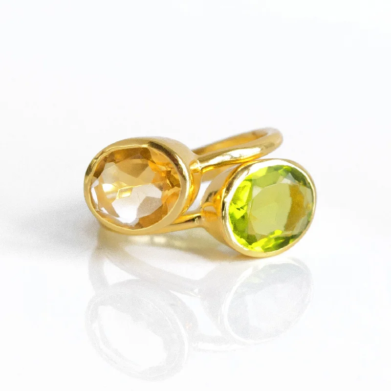 women's engagement ring with engraved band -Set of Two Stacking Oval Rings : Citrine and Peridot