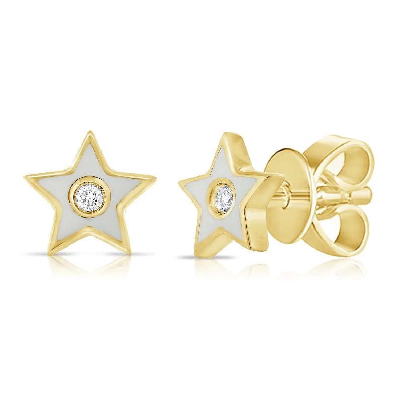 women's birthstone drop earrings -White Enamel Diamond Star Stud Earrings in 14K Gold