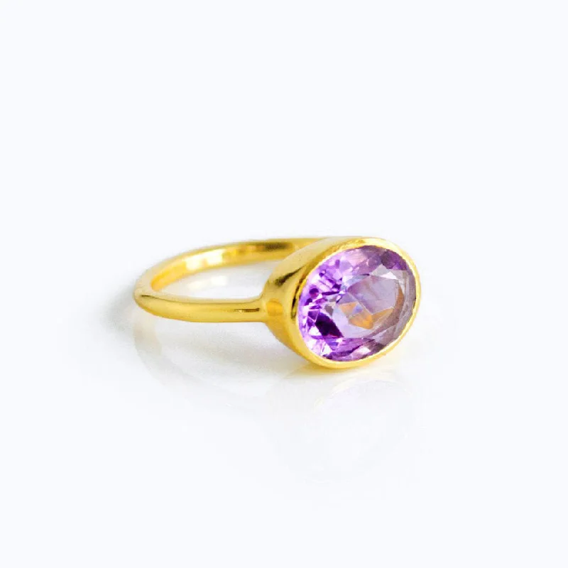 women's engagement ring with emerald -Purple Amethyst Oval Bezel Set Stacking Ring: February Birthstone