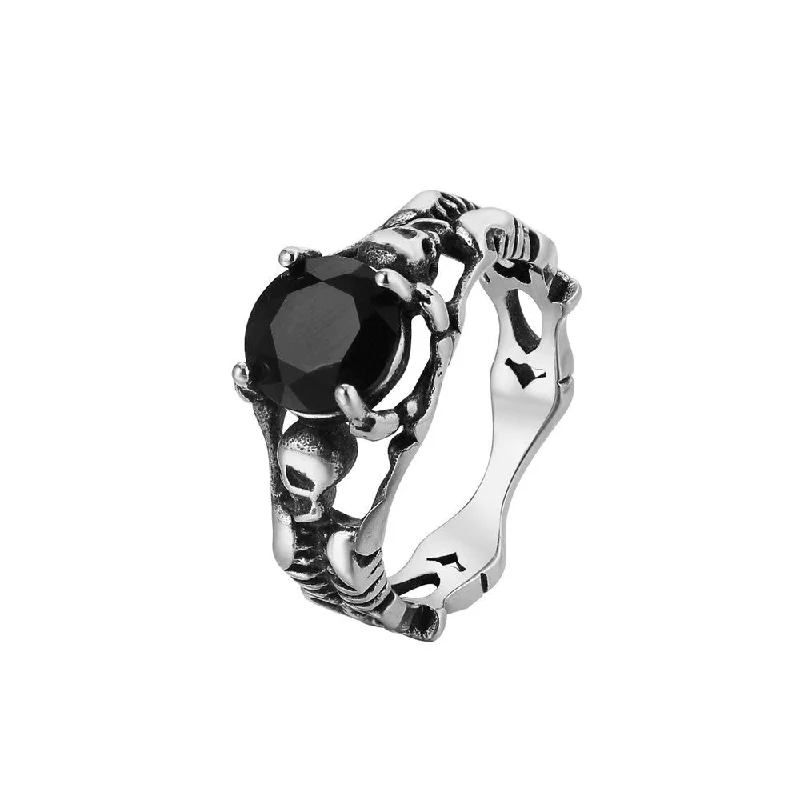 women's engagement ring with twist band design -Black Skeleton Ring with Black Gemstone | Stainless Steel Gothic Jewelry