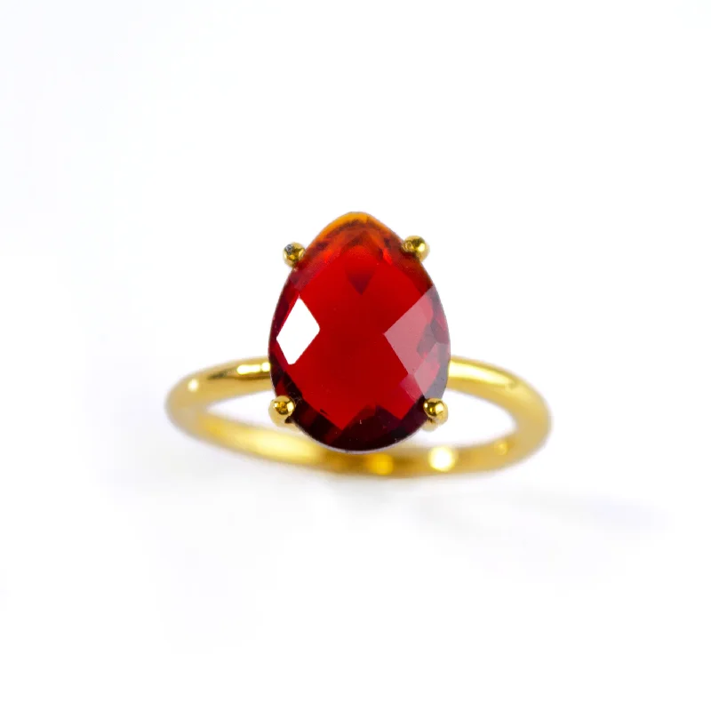 women's engagement ring gold -Garnet Teardrop Prong Set Ring • January Birthstone