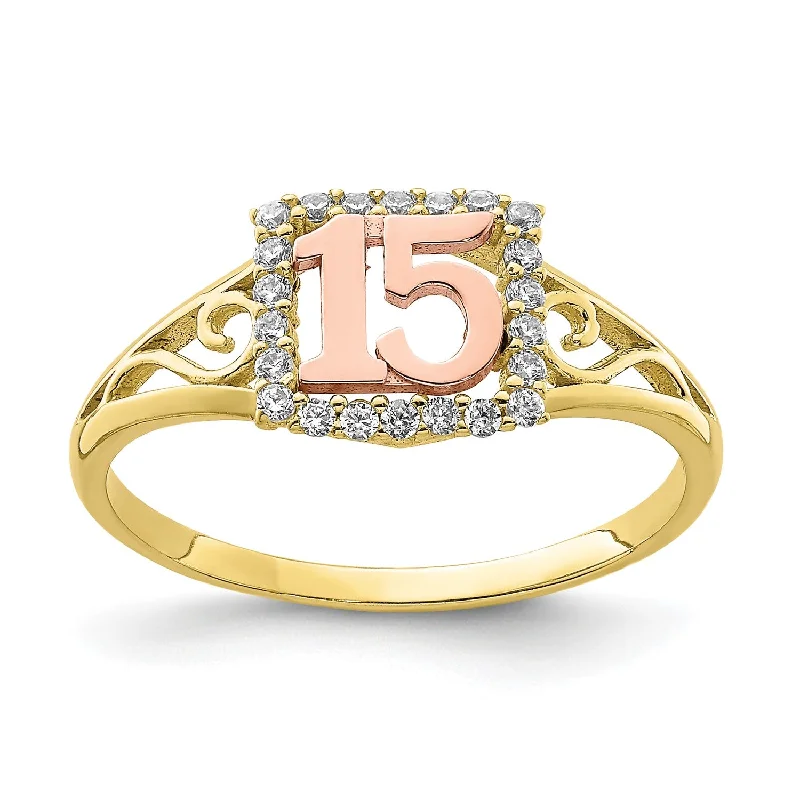 women's engagement ring with filigree band -10KT Yellow and Rose Gold Cubic Zirconia Quinceanera Ring; Size 8