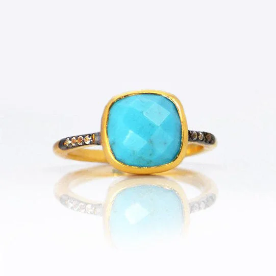 women's engagement ring with cushion cut -Turquoise Pave Cushion Bezel Set Stacking Ring: December Birthstone