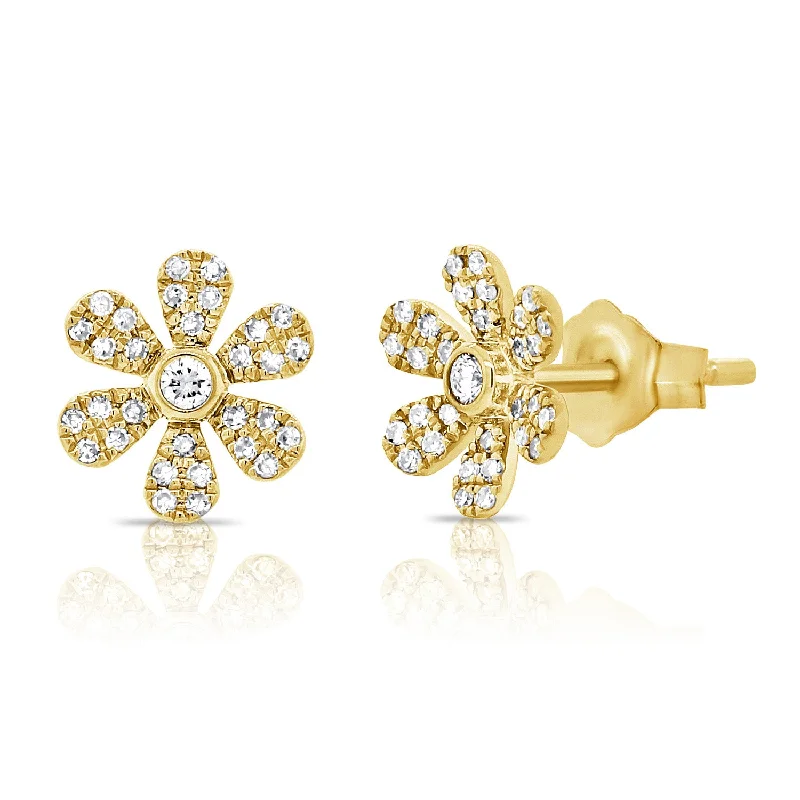 women's drop earrings -14K Gold Flower Stud Earrings with Diamonds