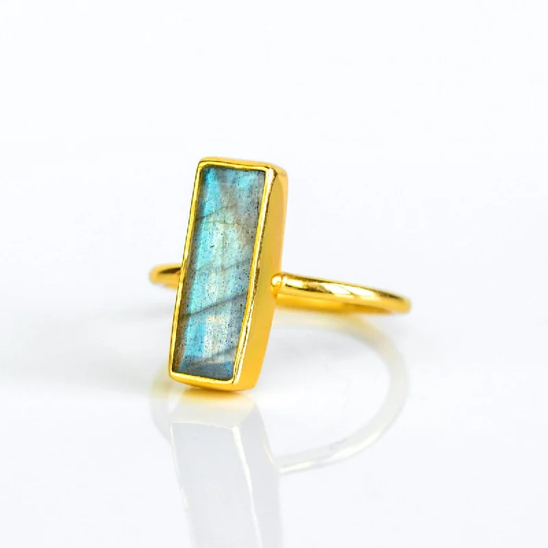 women's engagement ring with V-shaped band -Natural Labradorite Gemstone Bar Ring, Unique Geometric Ring