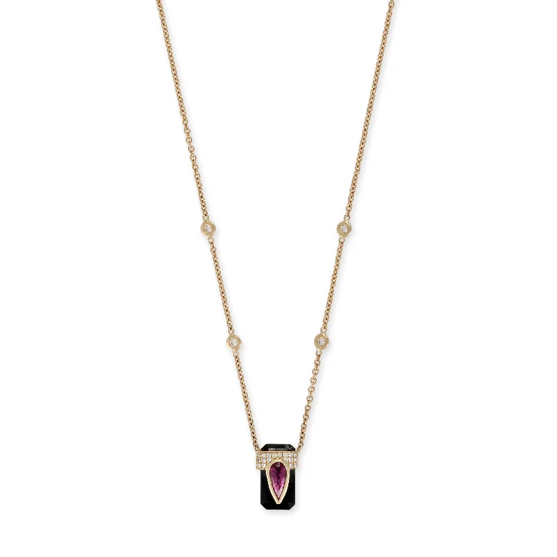 women's pearl pendant necklace -PAVE PINK TOURMALINE TEARDROP CAP + GREEN TOURMALINE BAGUETTE NECKLACE