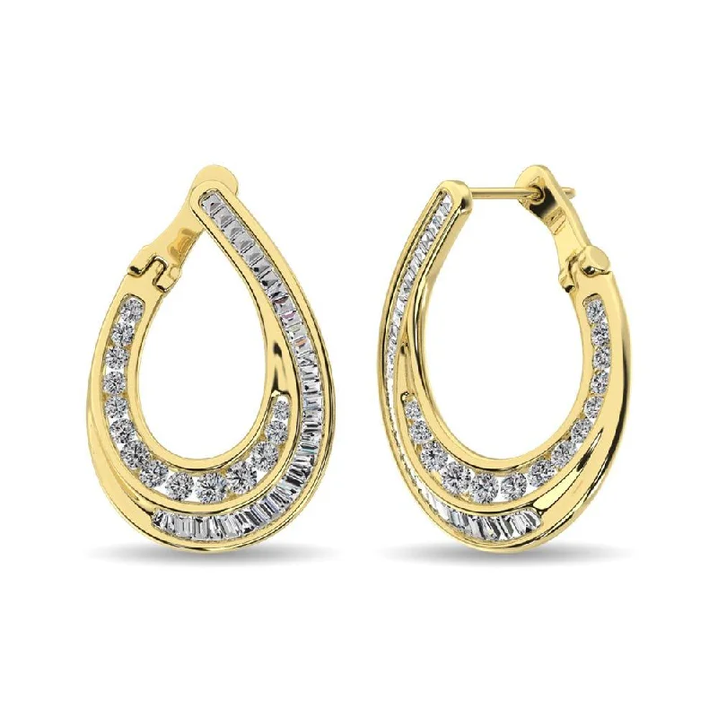 women's luxury diamond earrings -Diamond 1 Ct.Tw. Round and Baguette Hoop Earrings in 14K Yellow Gold