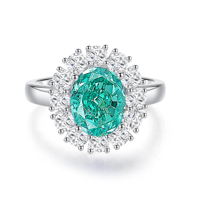 women's engagement ring with three-stone design -Paraiba Tourmaline Halo Ring in 925 Sterling Silver