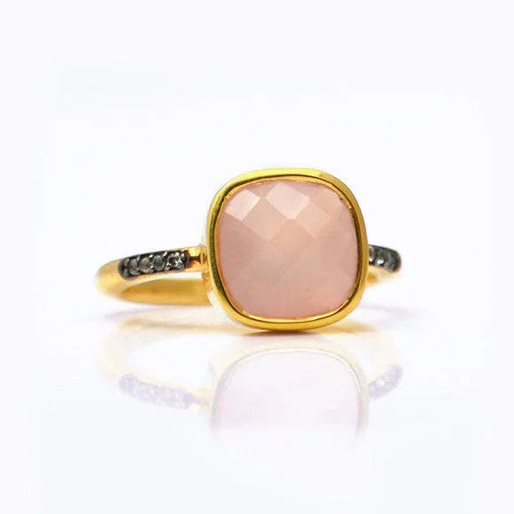 women's engagement ring with high setting -Pink Chalcedony Pave Cushion Bezel Set Stacking Ring: October Birthstone