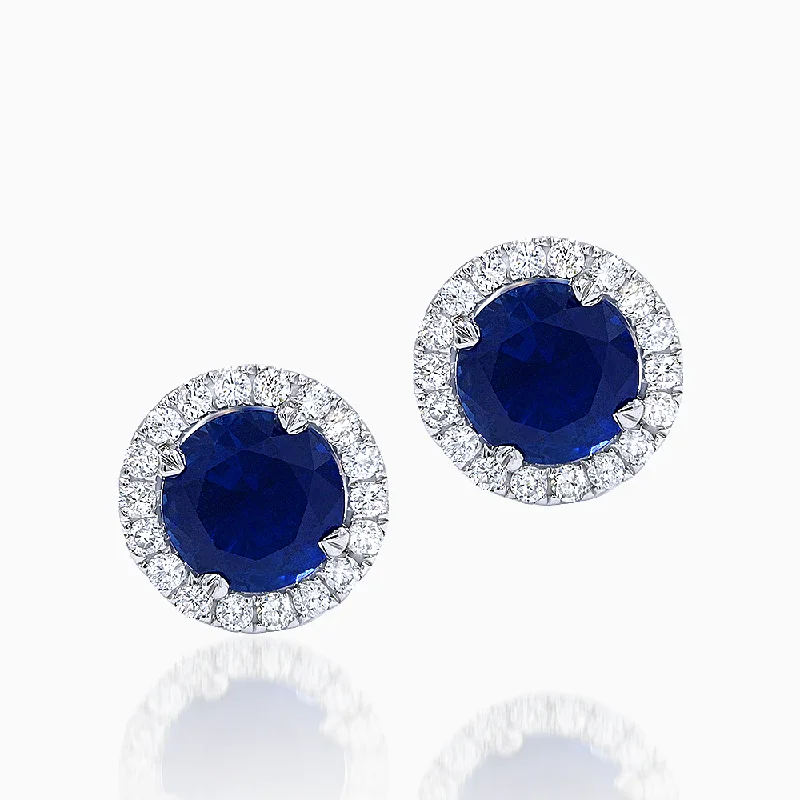 women's gold earrings -Blue Sapphire & Diamond Halo Stud Earrings in 14kt Gold