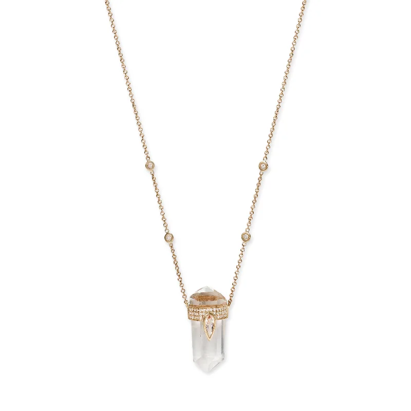 women's flower necklace -PAVE MORGANITE TEARDROP CAP + CLEAR QUARTZ CRYSTAL NECKLACE