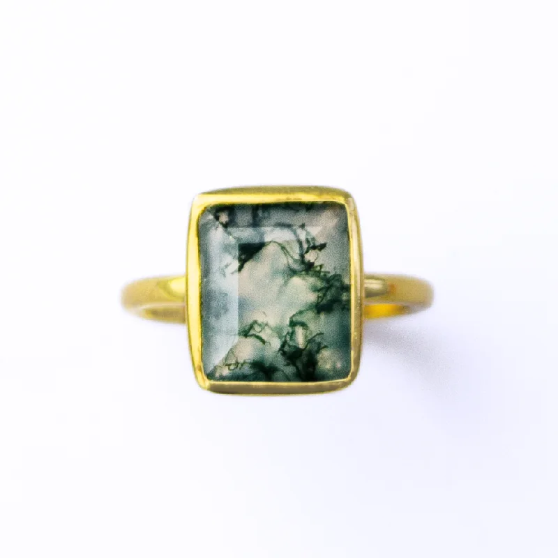 women's engagement ring with moissanite center -Moss Agate Rectangle Ring