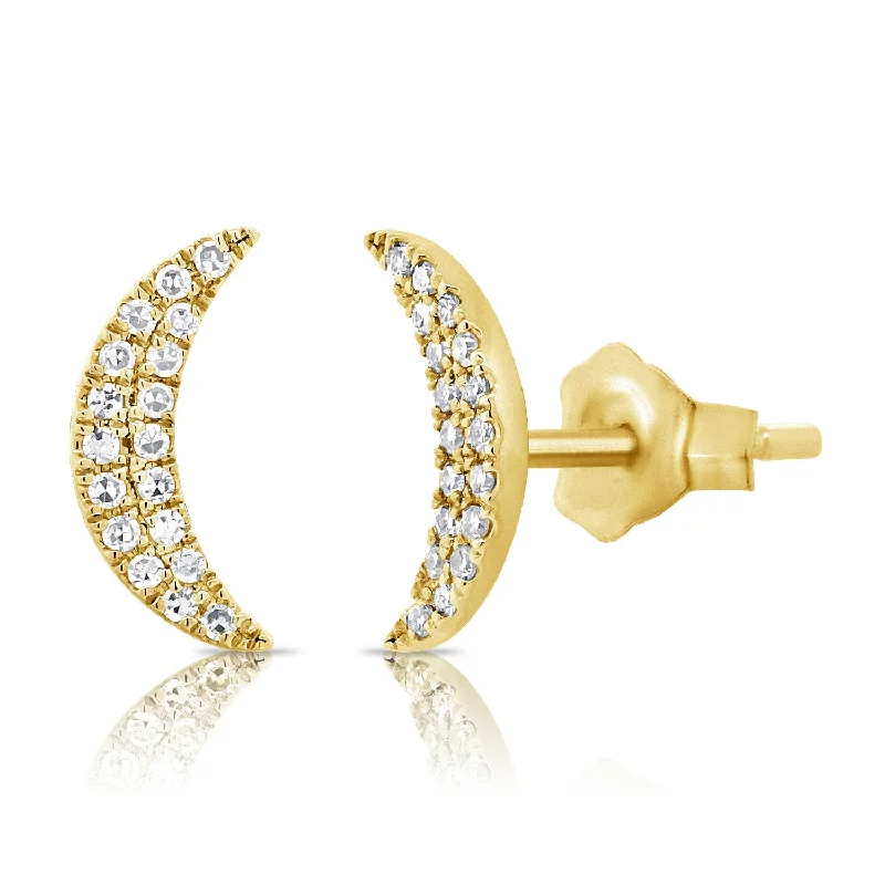 women's bar stud earrings -Diamond Crescent Moon Stud Earrings in 14K Gold