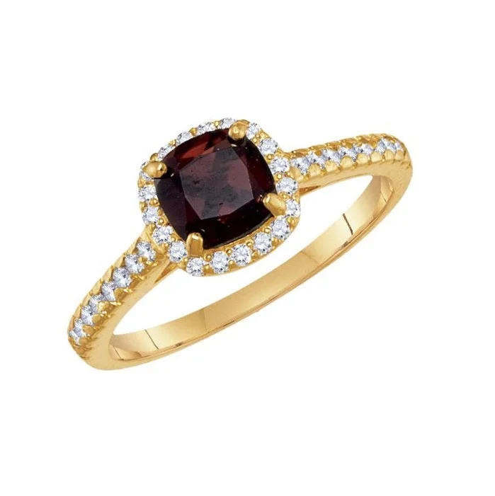 women's engagement ring with floral diamond setting -6MM Cushion Garnet and White Sapphire Birthstone Ring in 10KT Yellow Gold