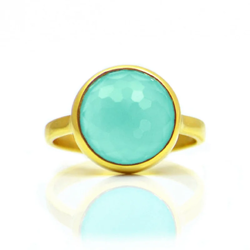 women's engagement ring with round diamond -Aqua Chalcedony round bezel set ring - March Birthstone