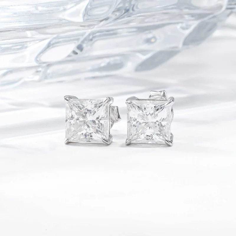 women's chic earrings -Moissanite Diamond Princess Cut Sterling Silver Earrings in White/Yellow Gold