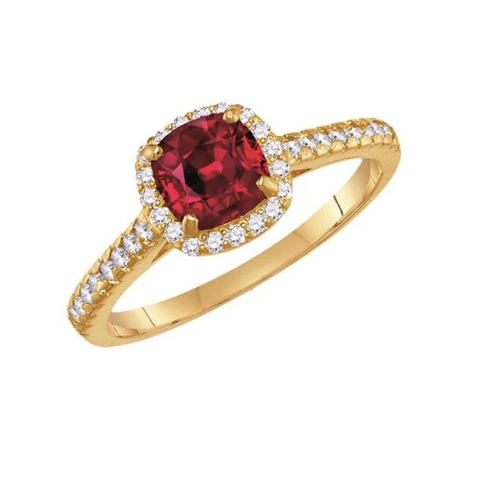 women's engagement ring with heart-shaped diamond -6MM Cushion Ruby and White Sapphire Birthstone Ring in 10KT Yellow Gold