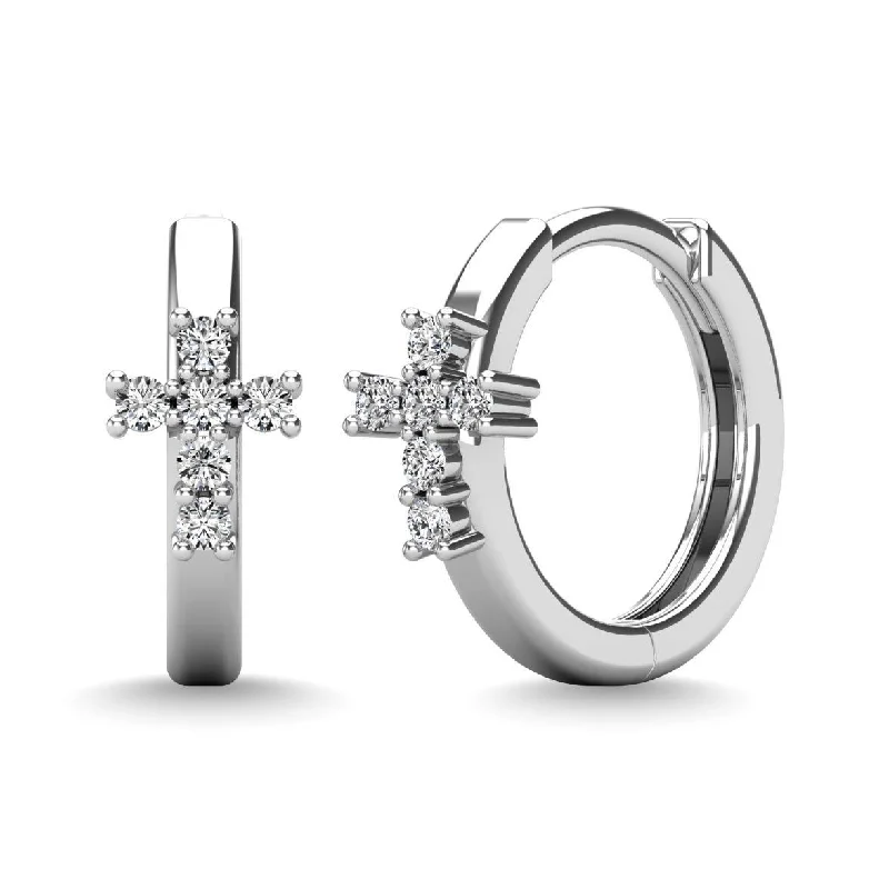 women's cross earrings -10K White Gold 1/8 Ctw Diamond Cross Hoop Earrings