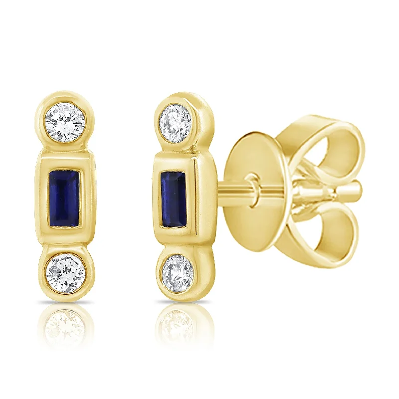 women's pear-shaped earrings -Sapphire and Diamond Bar Stud Earrings in 14K Gold