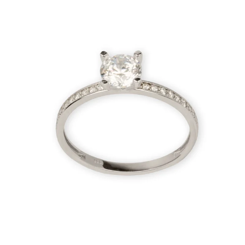 women's engagement ring with side stones -Real White Gold Luxury Solitaire Stone Ring 0233-W (Size 7.5) R2462