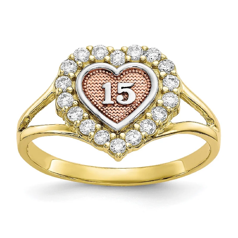 women's engagement ring with floral design -10KT Gold Tri-Color Cubic Zirconia Heart Quinceanera Ring; Size 6