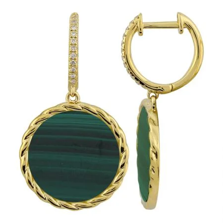 women's diamond stud earrings -14K Yellow Gold Malachite and Diamond Drop Earrings