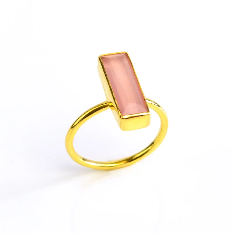 women's engagement ring with round halo -Pink Chalcedony Bar Ring : October Birthstone