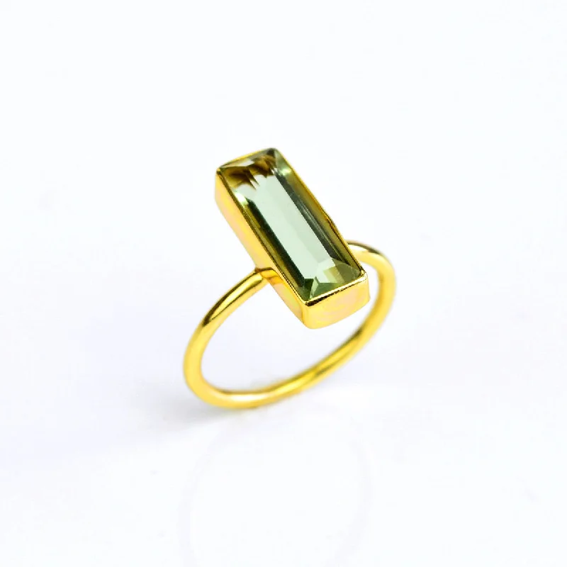 women's engagement ring with double halo -Green Amethyst Bar Ring : February Birthstone