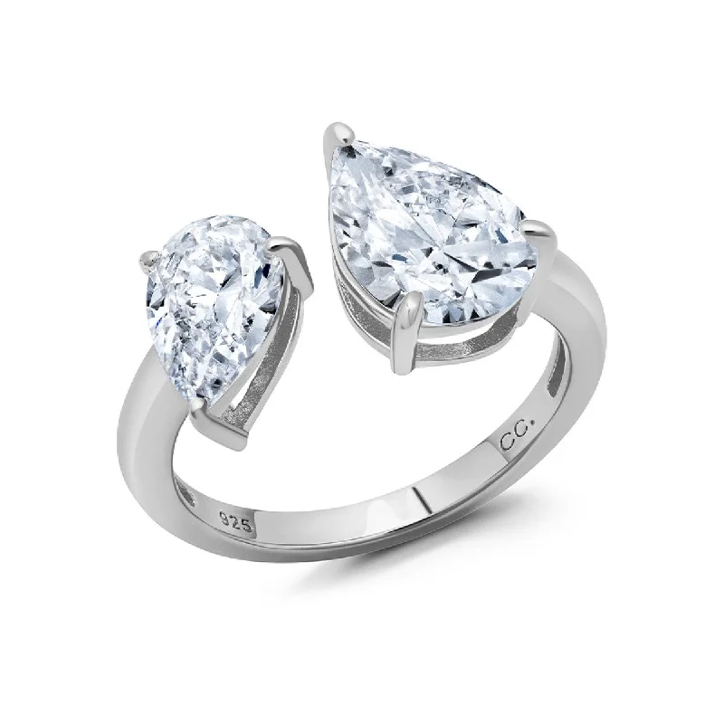 women's engagement ring with delicate band -Crislu Platinum Plated Dual Tear Drop Ring