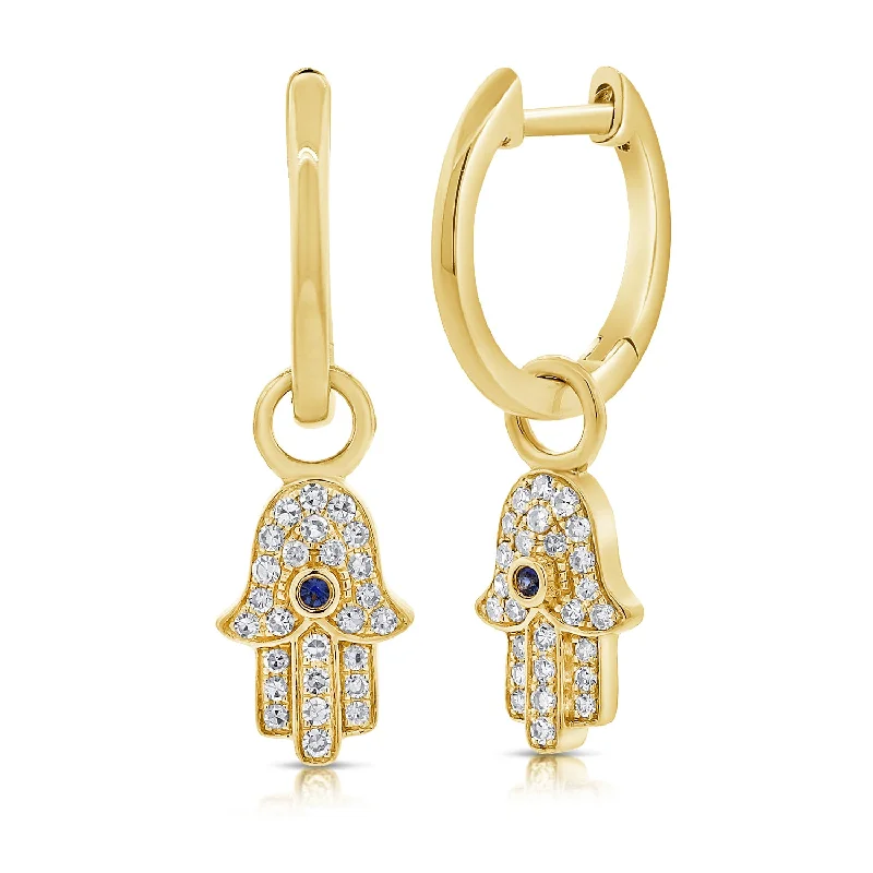 women's bar stud earrings -14K Evil Eye & Hamsa Huggie