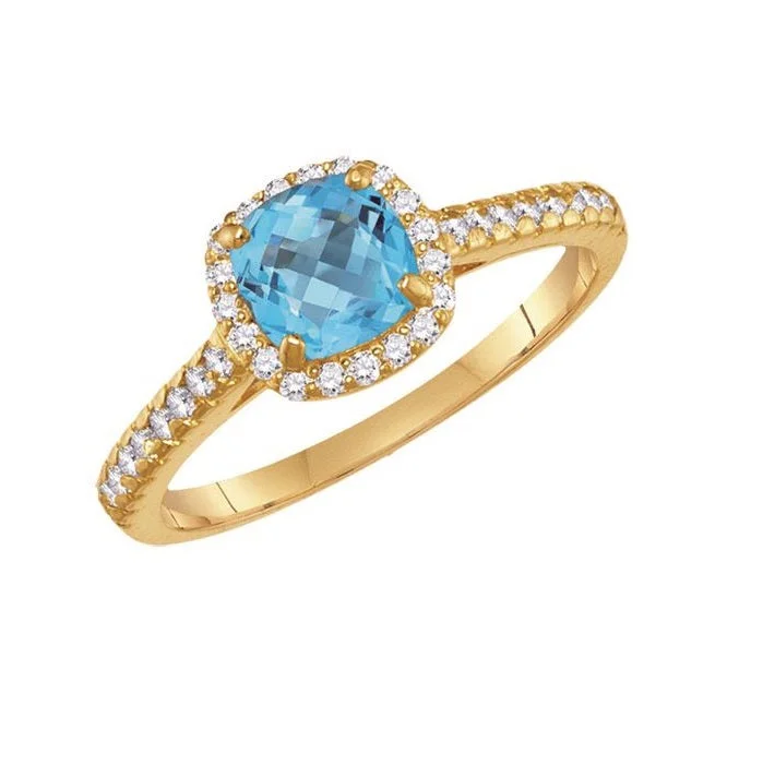 women's engagement ring platinum -6MM Cushion Blue Topaz and White Sapphire Birthstone Ring in 10KT Yellow Gold