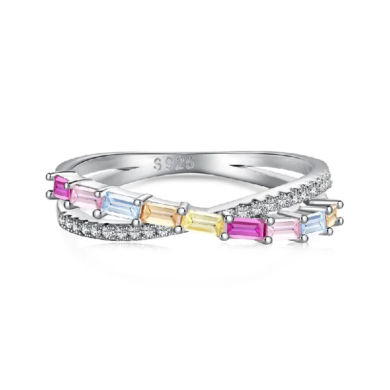 women's engagement ring with diamond band -Sterling Silver Multicolor Baguette and Round Cut Crossover Ring