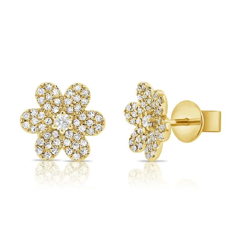 women's gold earrings -Diamond Flower Studs in 14K Gold