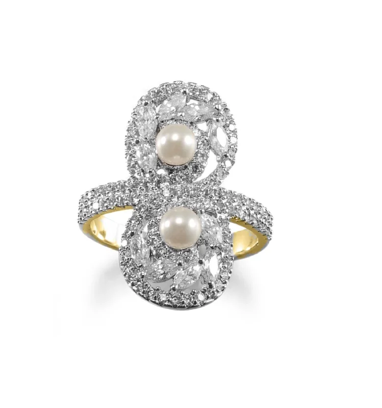 women's engagement ring with solitaire diamond -Yellow-tone Base Metal Round Pearl and Cubic Zirconia Ring; Size 7