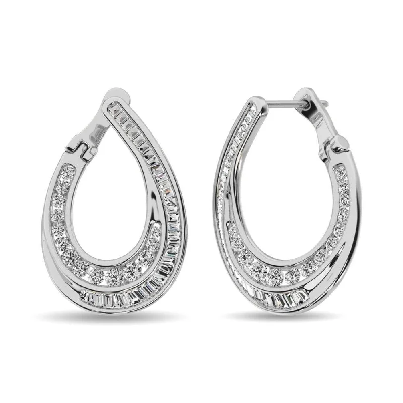 women's eco-friendly earrings -Diamond 1 Ct.Tw. Round and Baguette Hoop Earrings in 14K White Gold