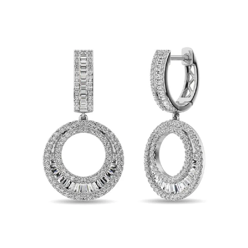 women's birthstone drop earrings -Diamond 1 Ct.Tw. Round and Baguette Hoop Earrings in 14K White Gold