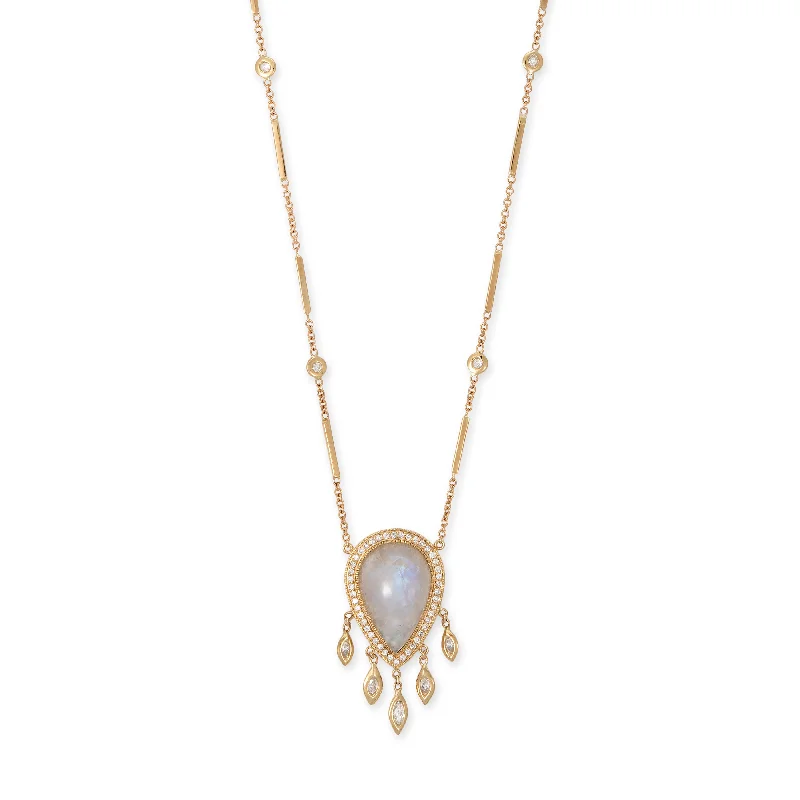 women's ruby necklace -PAVE MOONSTONE  TEARDROP + 5 MARQUISE DIAMOND SHAKER SMOOTH BAR NECKLACE